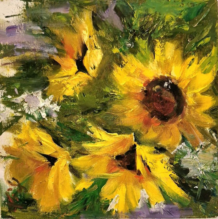 تابلو نقاشی کوچک تکنیک رنگ و روغن طرح آفتابگردان