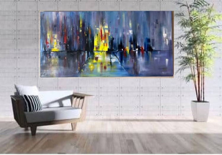 تابلو نقاشی رنگ و روغن سبک مدرن سایز ۱۲۰×۶۰ با عنوان خیابان بارانی