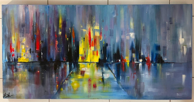 تابلو نقاشی رنگ و روغن سبک مدرن سایز ۱۲۰×۶۰ با عنوان خیابان بارانی