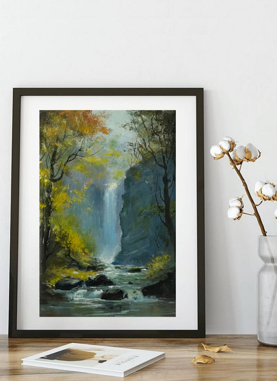 تابلو کوچک نقاشی رنگ و روغن طرح منظره آبشار