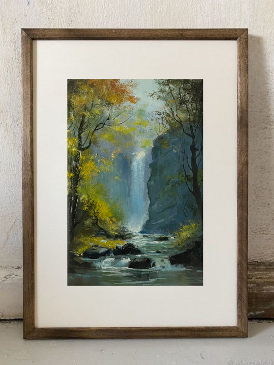 تابلو کوچک نقاشی رنگ و روغن طرح منظره آبشار