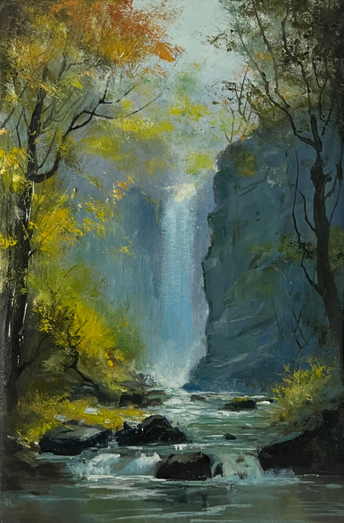 تابلو کوچک نقاشی رنگ و روغن طرح منظره آبشار