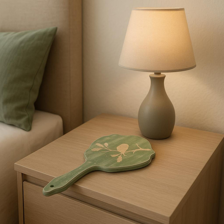 آینه چوبی دستی سبز رنگ با طرح پتینه و نقاشی مینیمال