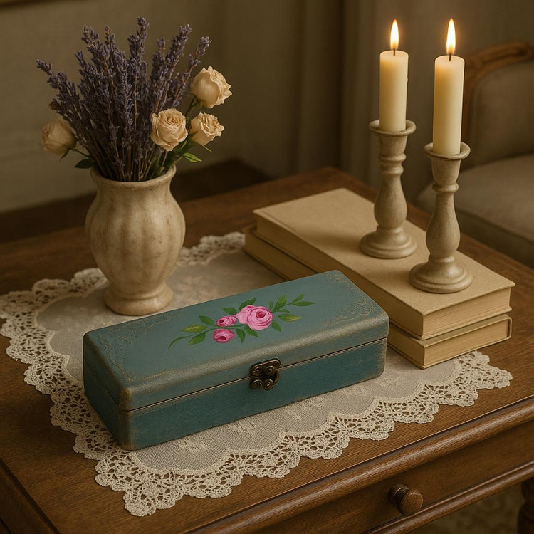 جعبه تیبگ کله غازی با پتینه طلایی و نقاشی وان استروک گل رز