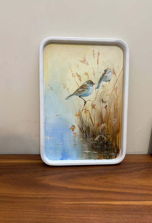 تابلو نقاشی رنگ روغن روی بوم چوبی طرح گنجشگان نی زار