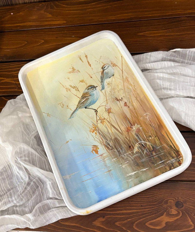 تابلو نقاشی رنگ روغن روی بوم چوبی طرح گنجشگان نی زار