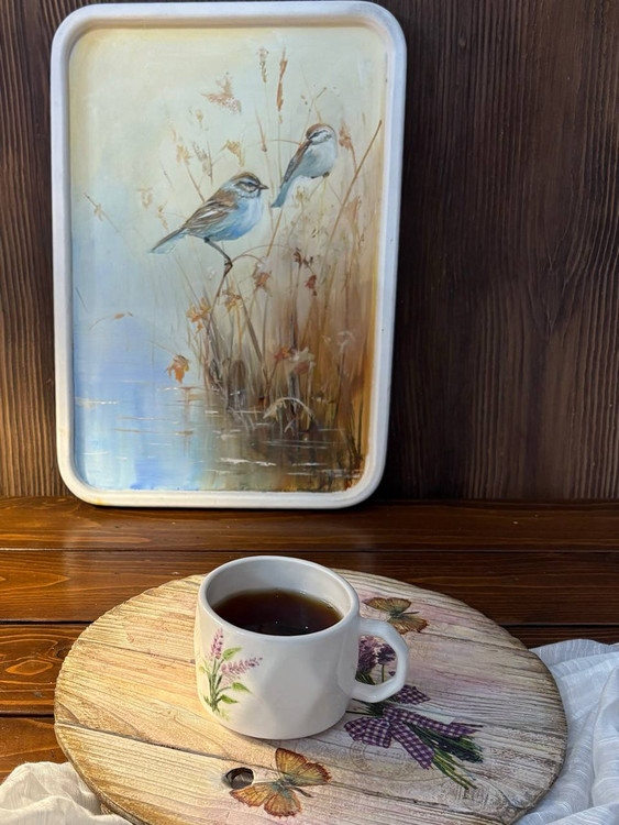 تابلو نقاشی رنگ روغن روی بوم چوبی طرح گنجشگان نی زار