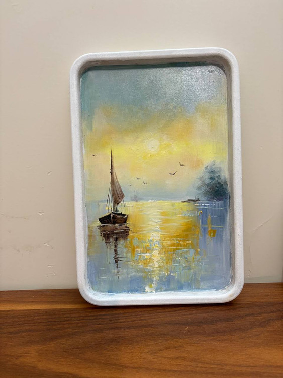 تابلو نقاشی رنگ روغن روی بوم چوبی طرح قایق آرامش