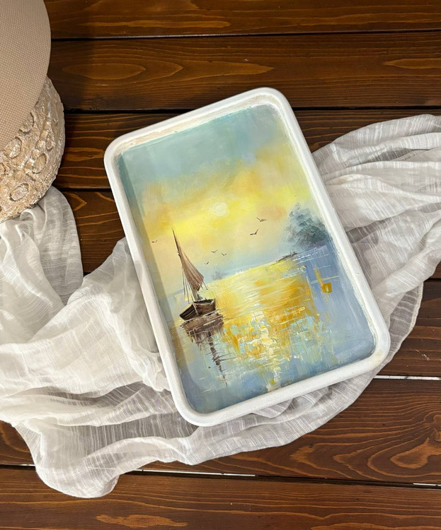 تابلو نقاشی رنگ روغن روی بوم چوبی طرح قایق آرامش