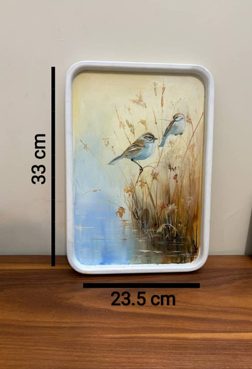 تابلو نقاشی رنگ روغن روی بوم چوبی طرح گنجشگان نی زار