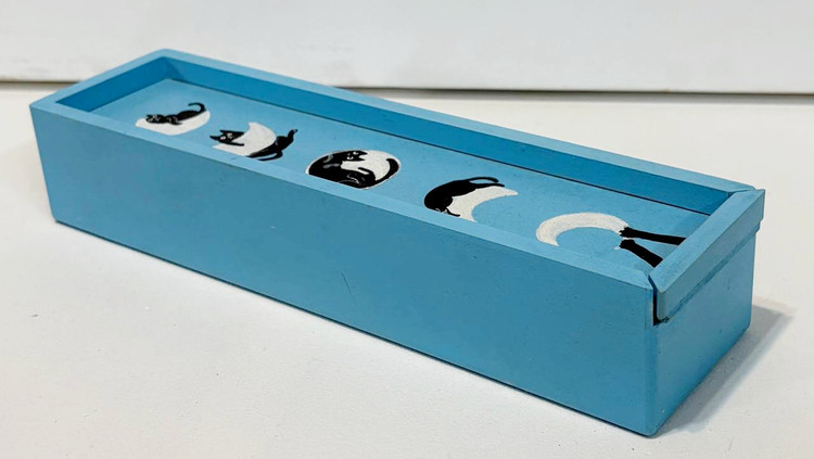 جای قلم چوبی با در کشویی طرح گربه و ماه