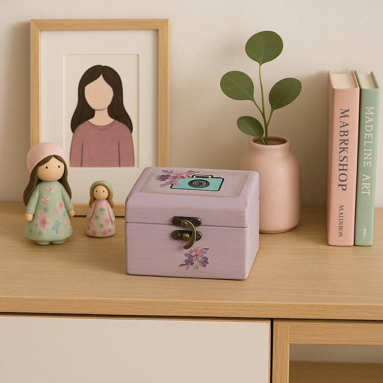 جعبه چوبی صورتی ملایم با رگه های طلایی طرح دوربین عکاسی