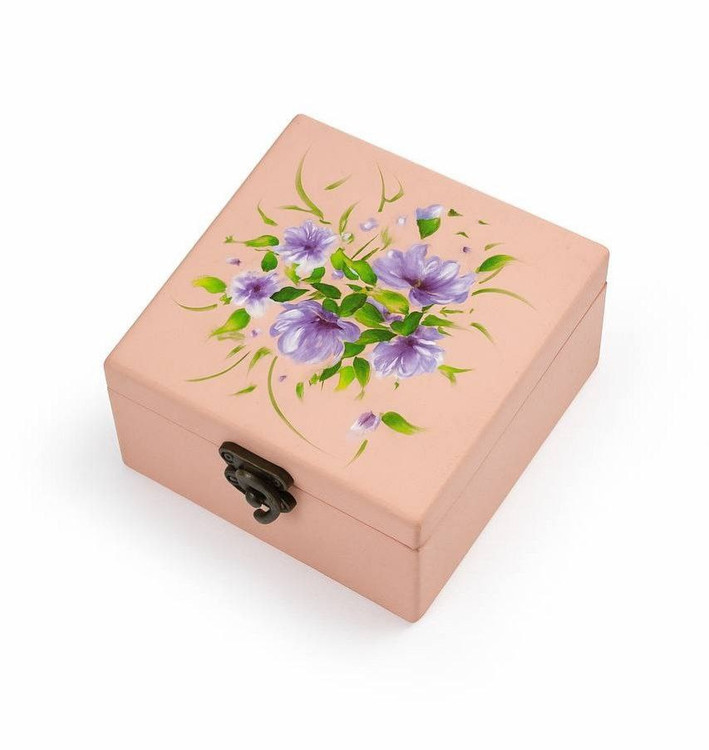 جعبه چوبی گل بهی با طرح گل های بنفشه