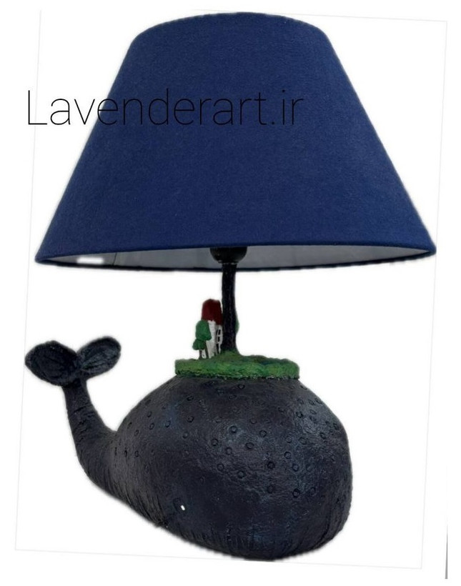 آباژور دستساز پاپیه ماشه نهنگ سورمه ای با شید آبی کاربنی طرح کلبه و برکه