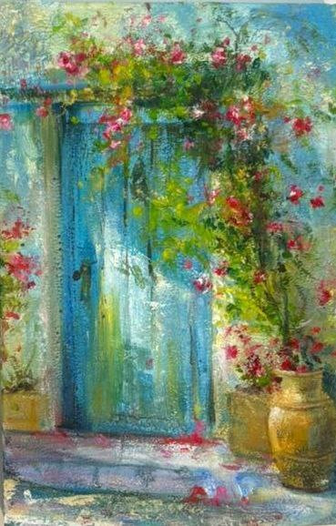 تابلو نقاشی رنگ و روغن طرح سر در قدیمی و گل کاغذی ابعاد 20*30