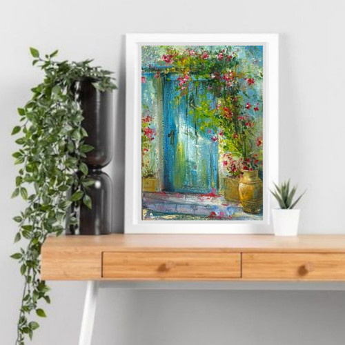 تابلو نقاشی رنگ و روغن طرح سر در قدیمی و گل کاغذی ابعاد 20*30