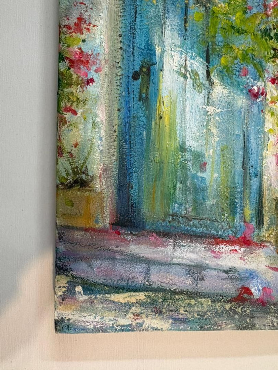 تابلو نقاشی رنگ و روغن طرح سر در قدیمی و گل کاغذی ابعاد 20*30