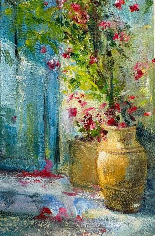 تابلو نقاشی رنگ و روغن طرح سر در قدیمی و گل کاغذی ابعاد 20*30