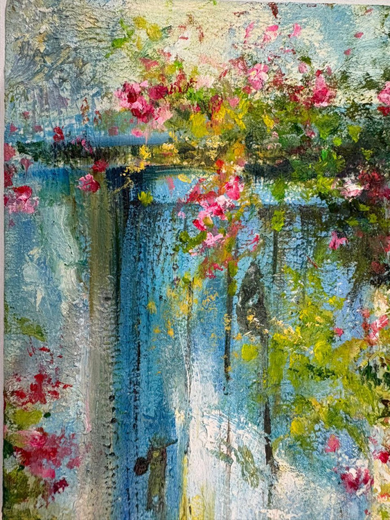 تابلو نقاشی رنگ و روغن طرح سر در قدیمی و گل کاغذی ابعاد 20*30