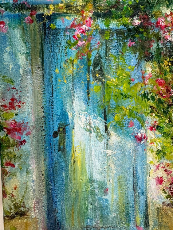 تابلو نقاشی رنگ و روغن طرح سر در قدیمی و گل کاغذی ابعاد 20*30