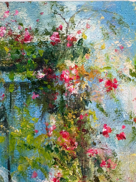 تابلو نقاشی رنگ و روغن طرح سر در قدیمی و گل کاغذی ابعاد 20*30