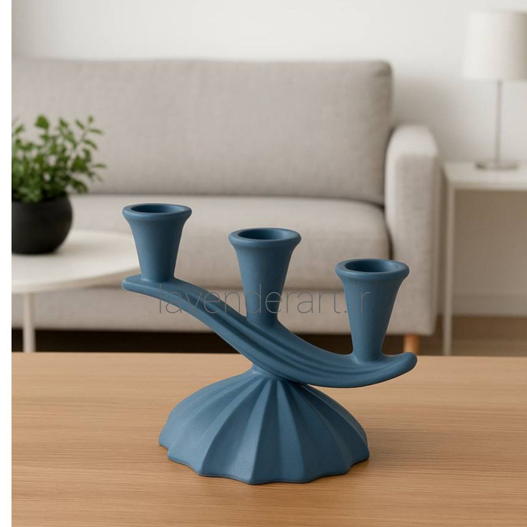 شمعدان پلی استری سه شاخه رنگ آبی فیروزه ای تیره