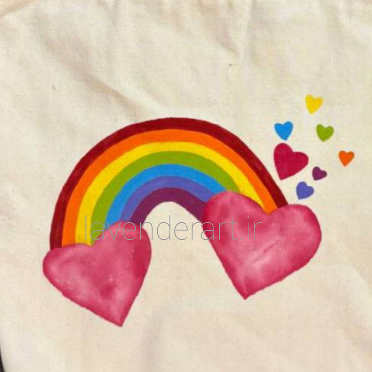 توت بگ کتان با نقاشی پارچه طرح رنگین کمان قلب ها