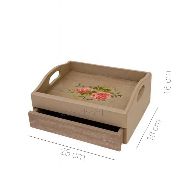 سینی چوبی کشودار با نقاشی دستکار گل های صورتی