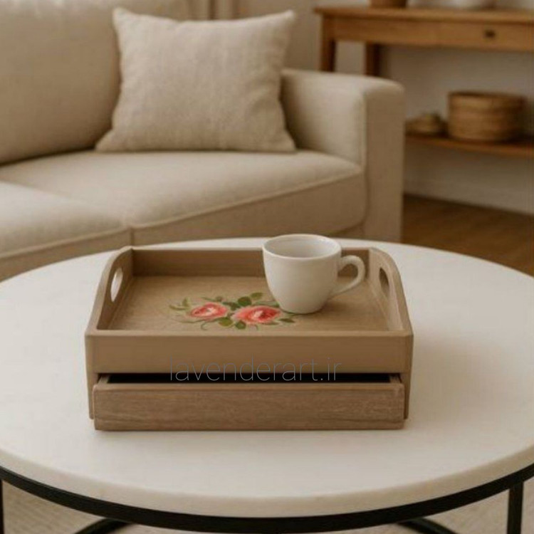 سینی چوبی کشودار با نقاشی دستکار گل های صورتی