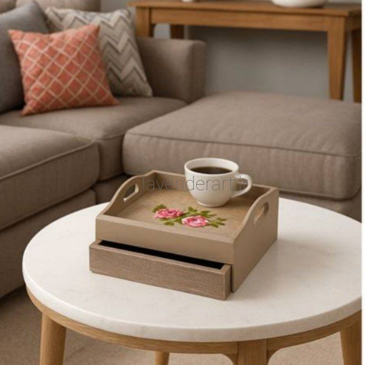 سینی چوبی کشودار با نقاشی دستکار گل های صورتی