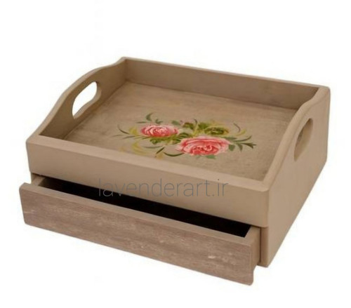 سینی چوبی کشودار با نقاشی دستکار گل های صورتی