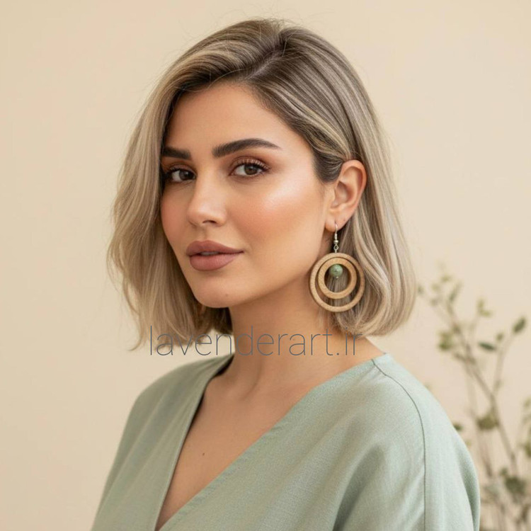 گوشواره چوبی دو دایره با سنگ یشم