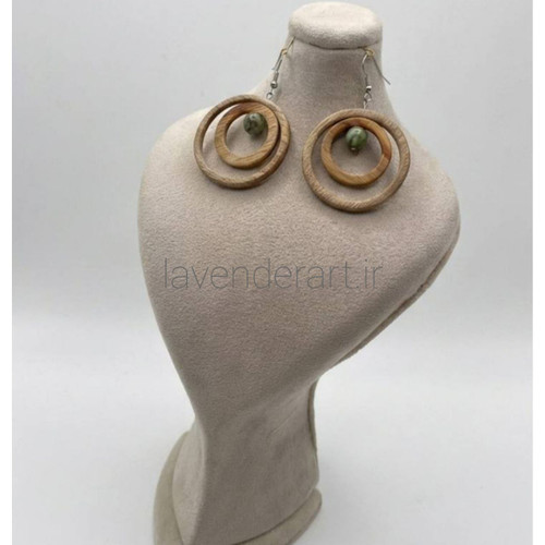 گوشواره چوبی دو دایره با سنگ یشم