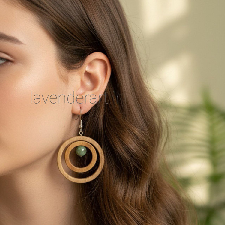 گوشواره چوبی دو دایره با سنگ یشم
