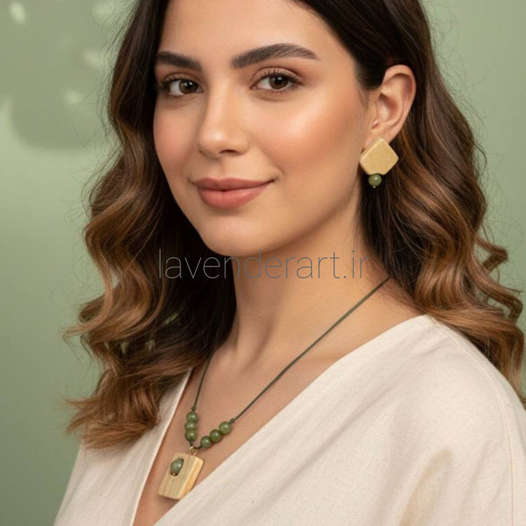 نیم ست چوبی طرح مربع با سنگ یشم