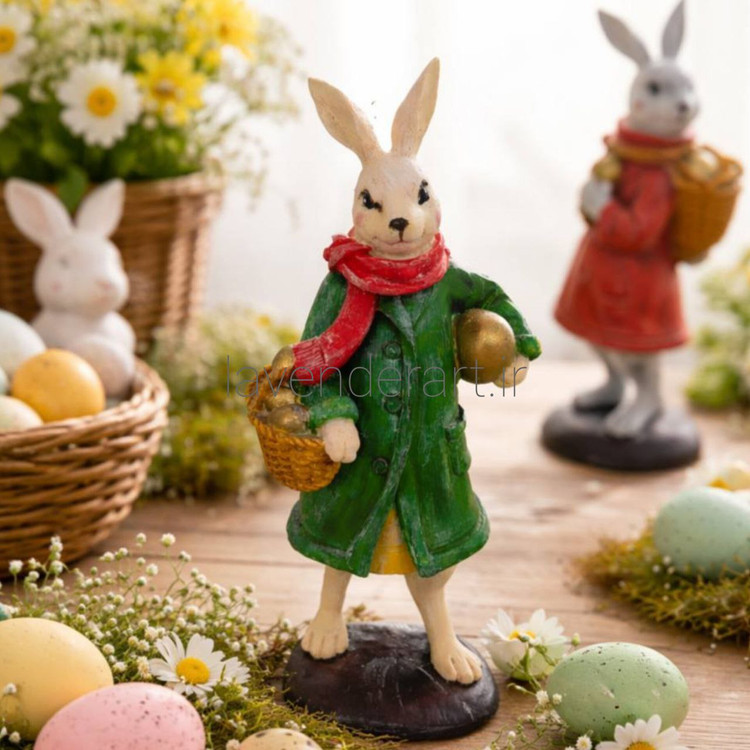 مجسمه پلی استری خرگوش عید پاک با سبد تخممرغهای طلایی