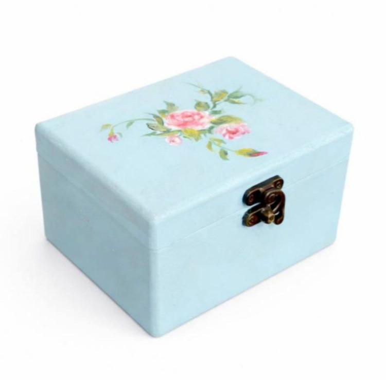 جعبه چوبی آبی با نقاشی گل سرخ