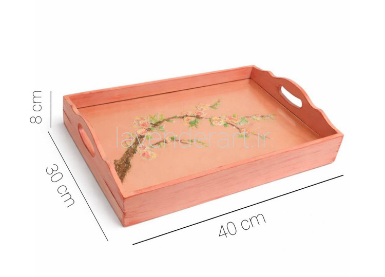 سینی چوبی گلبهی با طرح شاخه گل برجسته و شیشه کشویی داخلی