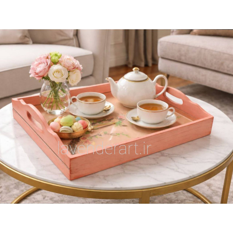 سینی چوبی گلبهی با طرح شاخه گل برجسته و شیشه کشویی داخلی