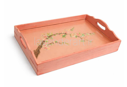 سینی چوبی گلبهی با طرح شاخه گل برجسته و شیشه کشویی داخلی