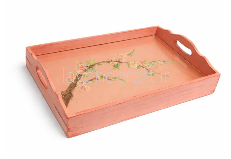 سینی چوبی گلبهی با طرح شاخه گل برجسته و شیشه کشویی داخلی