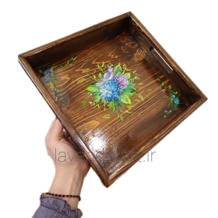 سینی چوب روس پایه دار با نقاشی دستکار