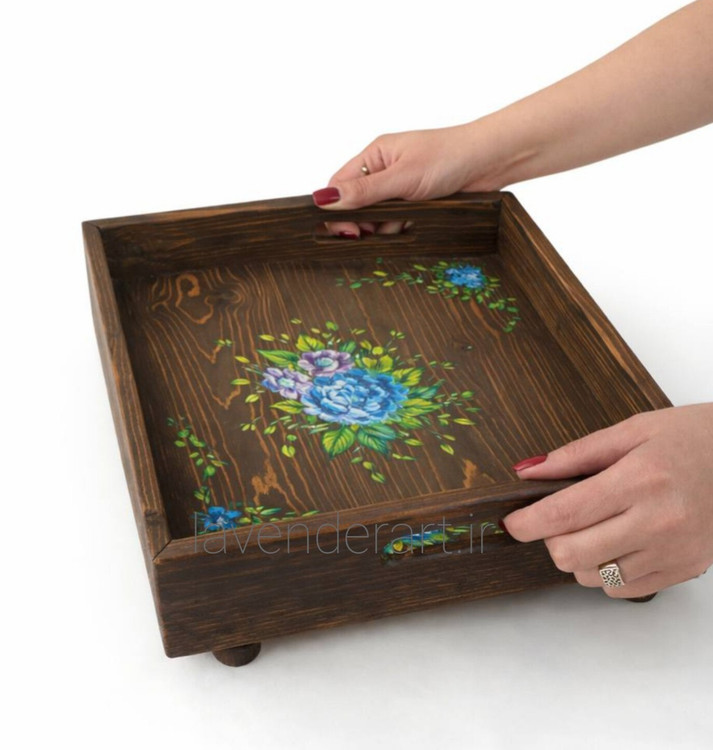 سینی چوب روس پایه دار با نقاشی دستکار