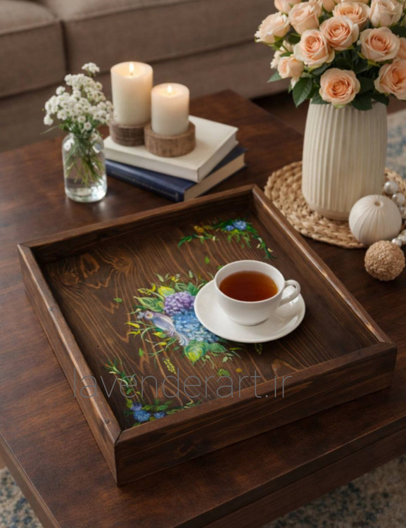 سینی چوب روس پایه دار با نقاشی دستکار