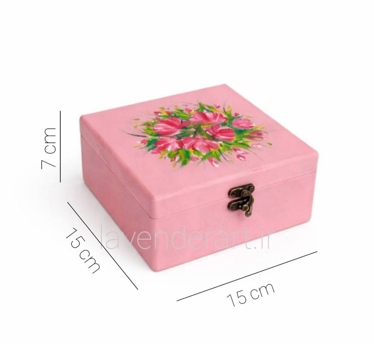 جعبه چوبی اکسسوری صورتی با طرح گل های همیشه بهار