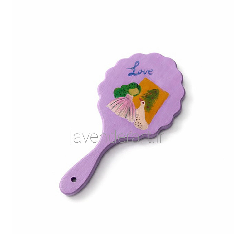 آینه چوبی دستی بنفش با طرح نقاشی دخترک و پرنده