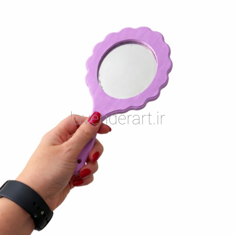 آینه چوبی دستی بنفش با طرح نقاشی دخترک و پرنده