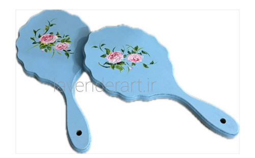 آینه چوبی دستی دوقلو آبی با طرح گل های صورتی