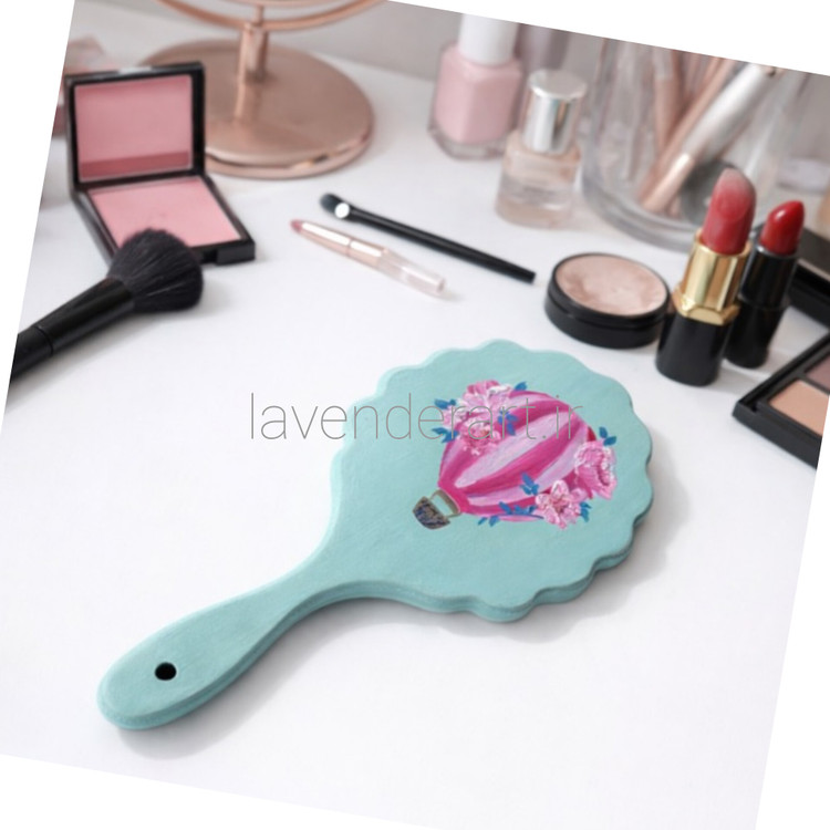 آینه چوبی دستی دوقلو آبی با طرح گل های صورتی