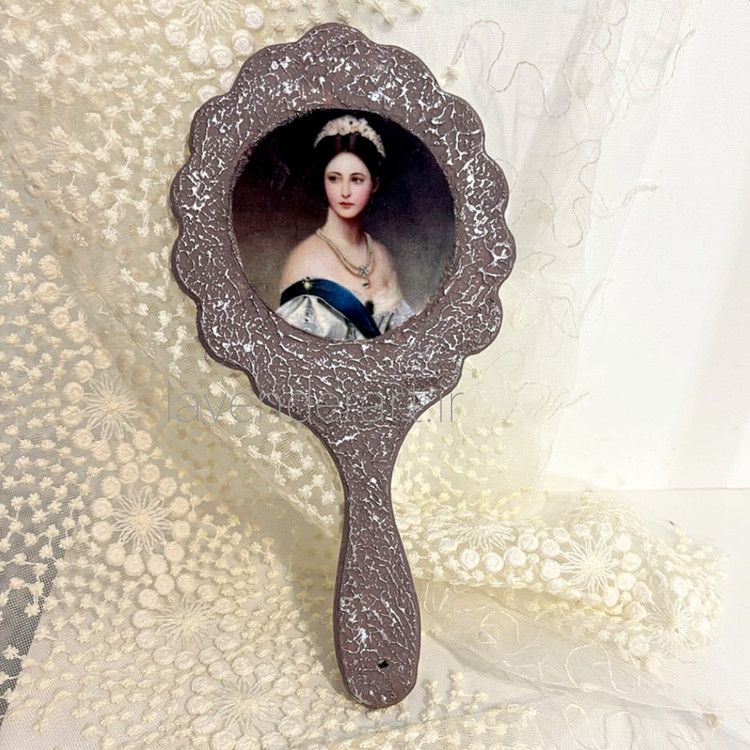 ست آینه دستی و جعبه چوبی طوسی با طرح مخمل زن انگلیسی